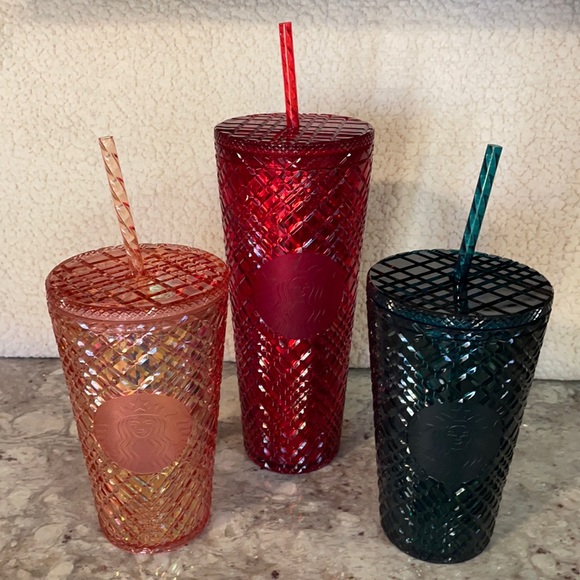 Starbucks Other - Set of 3 Starbucks Jewel Cold Cup Holiday 2021 Tumblers NEW peach, red, green